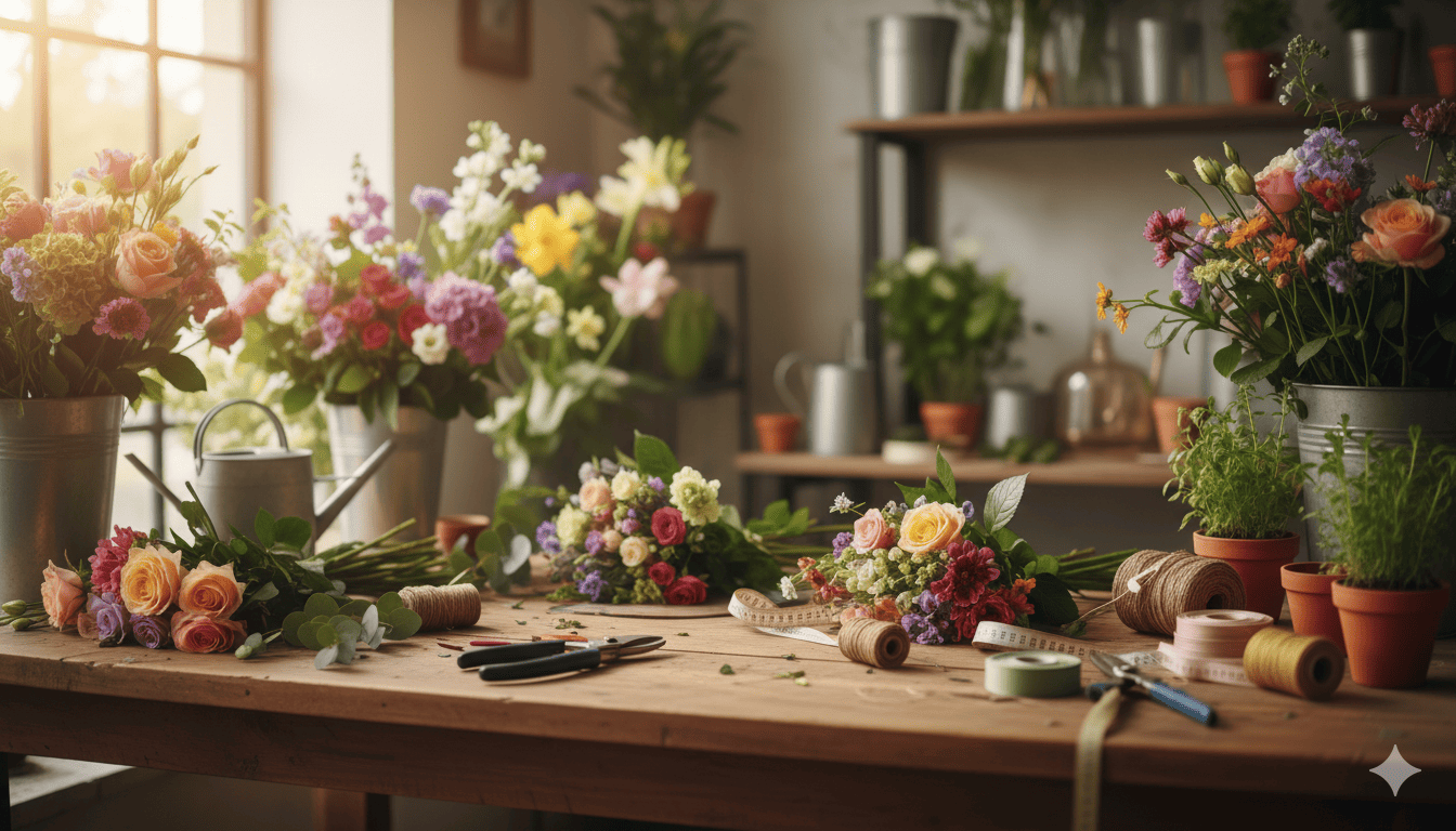 Floristernas arbetsyta med färska blommor och verktyg