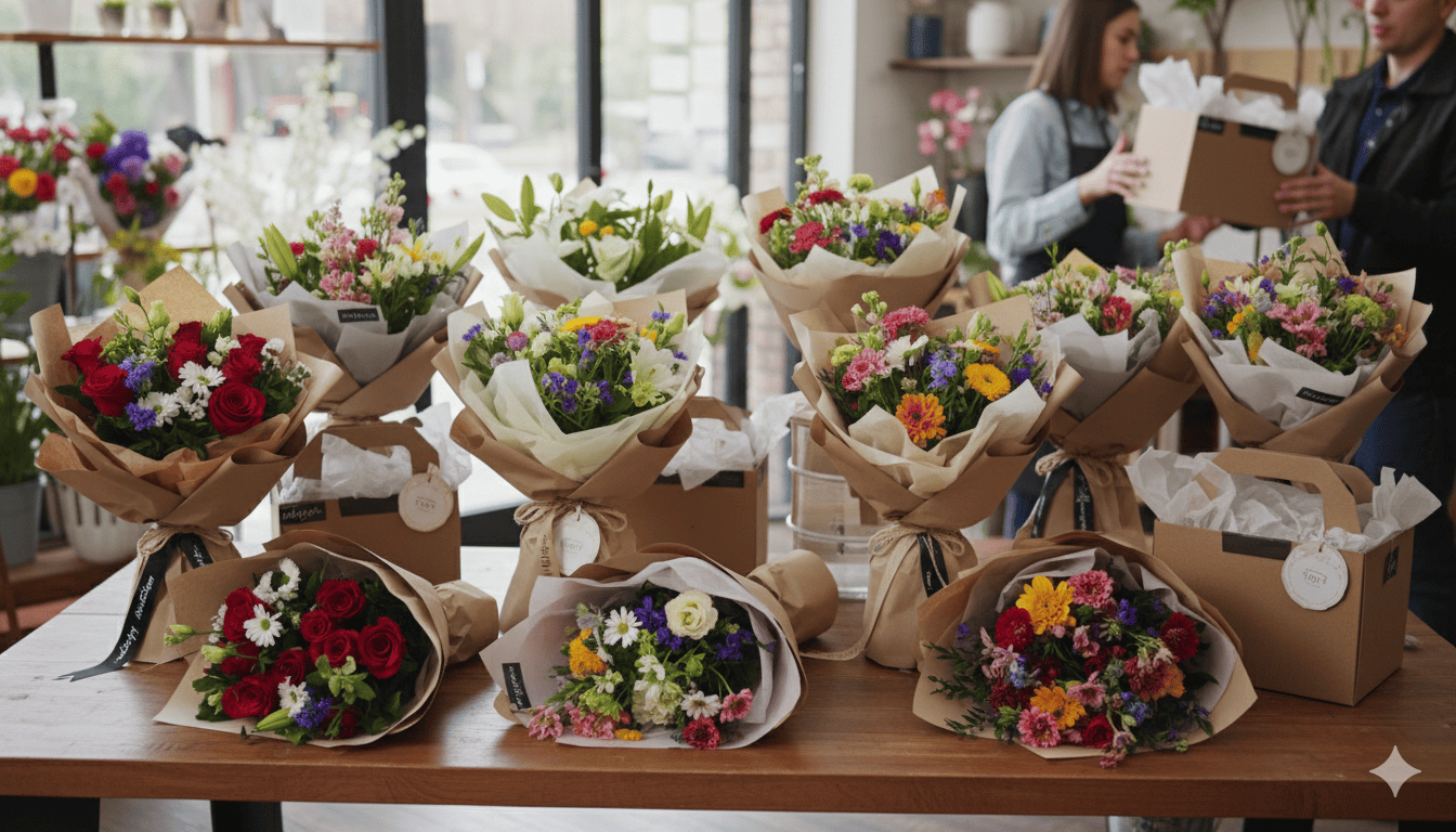 Färska blommor förberedda för leverans
