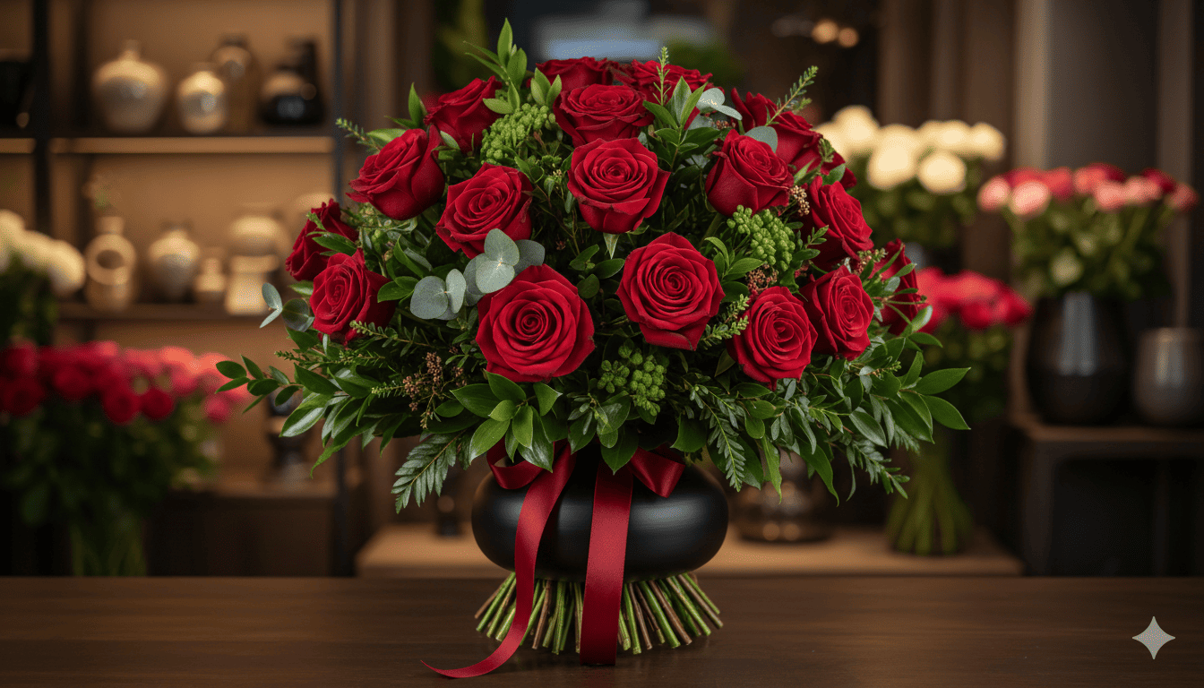 Lyxig röd rosbukett med grönt