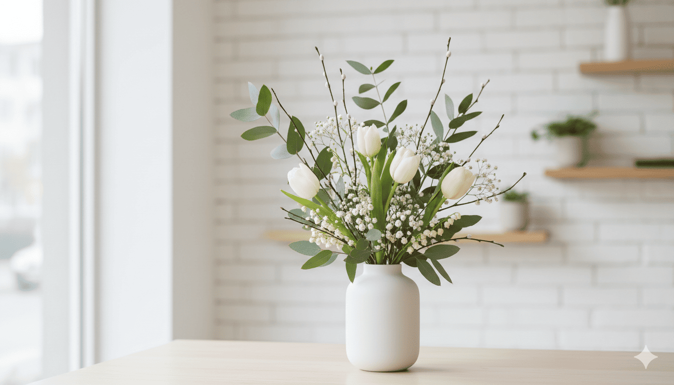 Skandinavisk minimalistisk bukett med vita blommor